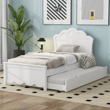 GDFStudio Abbott Wood Platform Bed with Headboard and Twin Size Trundle, White, Twin Size