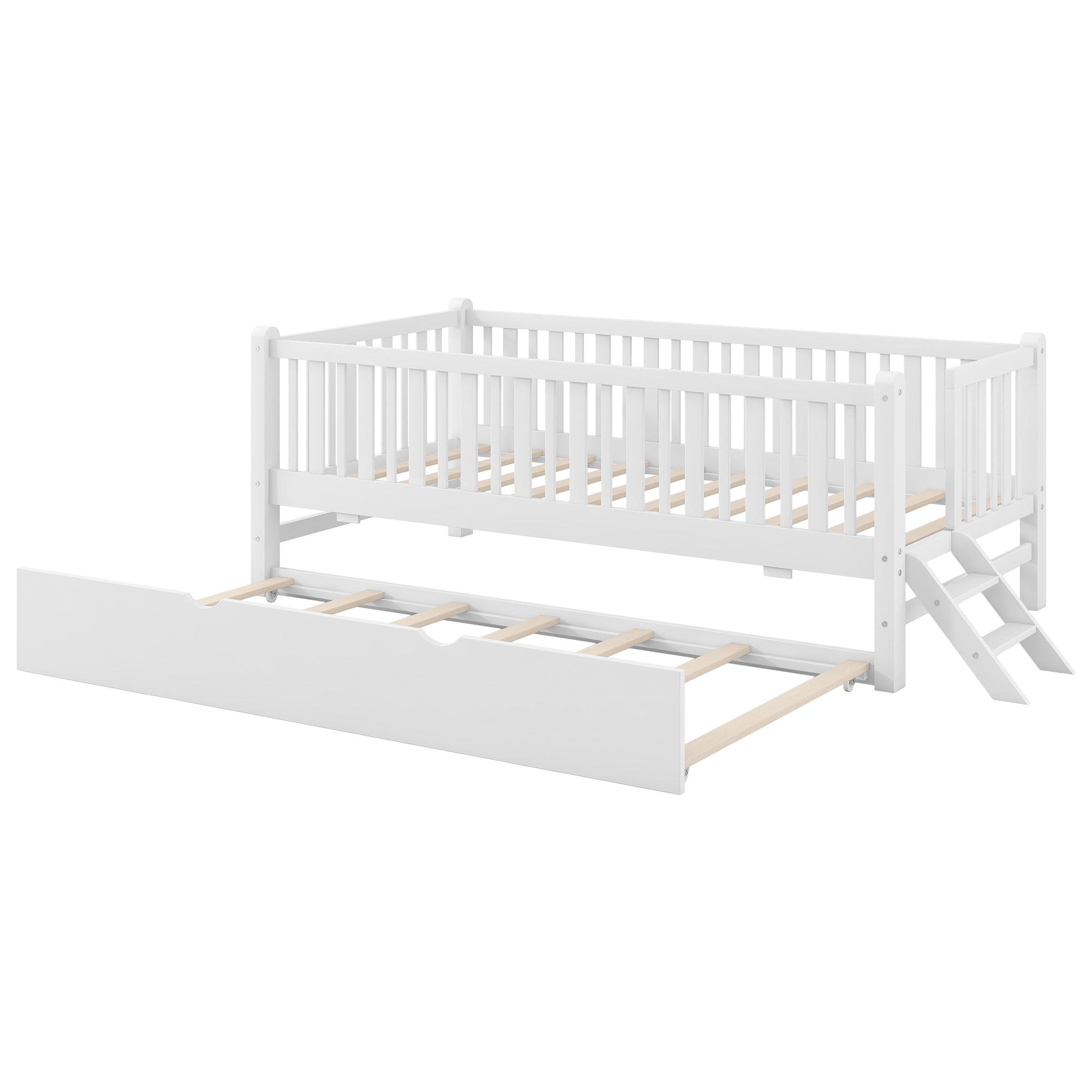 GDF Studio Kids Wooden Platform Bed with Semi-Enclosed Fence & Pull-Out Trundle