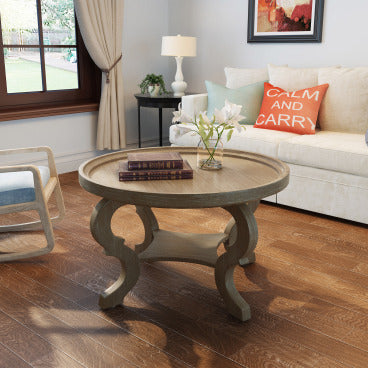 GDFStudio Isabella Traditional Round Coffee Table with Queen Anne Legs, Brown