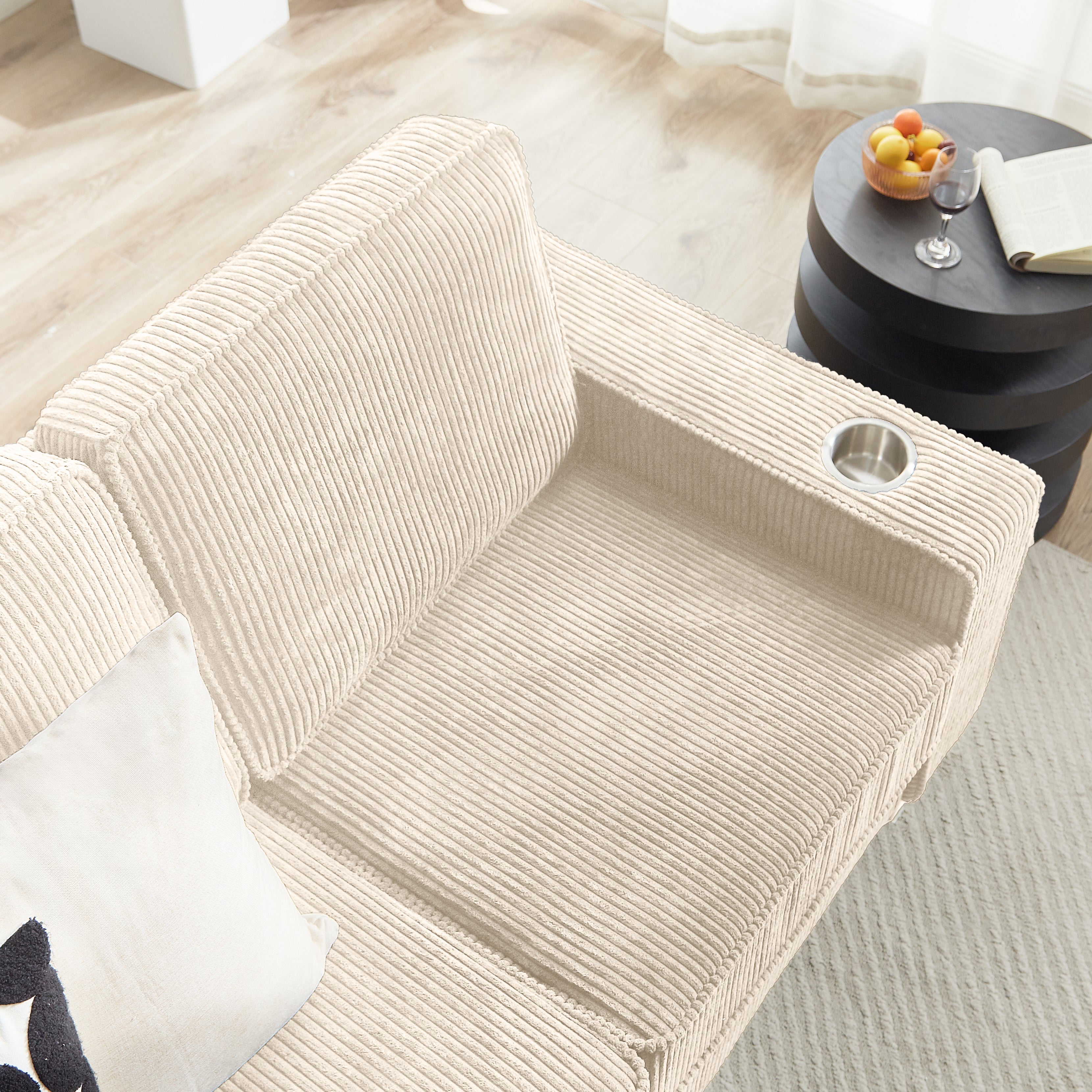 GDFStudio Everly 84" Corduroy Couch with Built-In Cup Holders, Beige