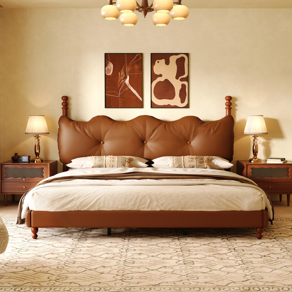 Christopher Knight Home Vintage Wood-Post Faux Leather Platform Bed with Button Headboard & Strong Support Frame