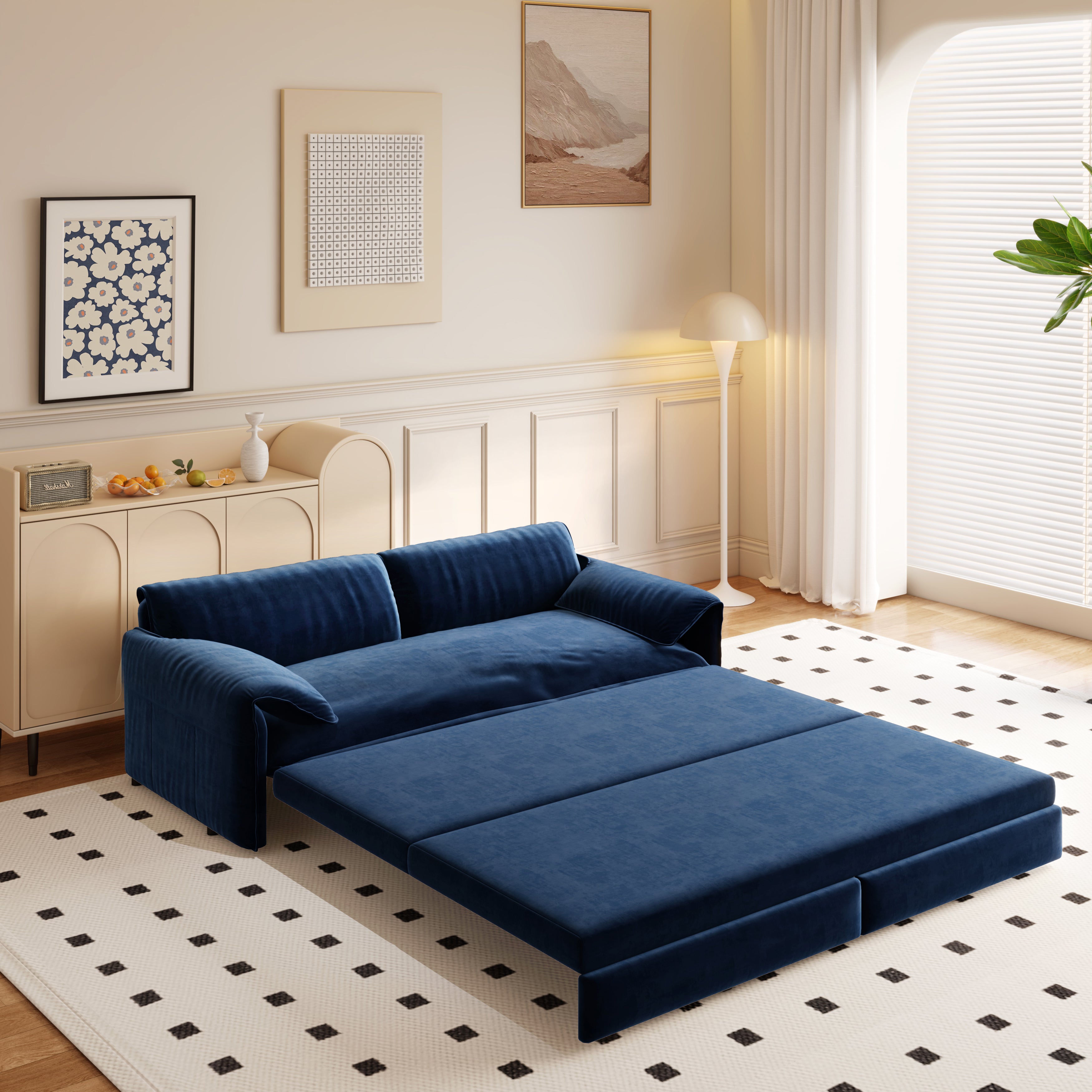GDFStudio Sheila Convertible 66" Velvet Queen Size Sofa Bed with Side Pocket, Blue