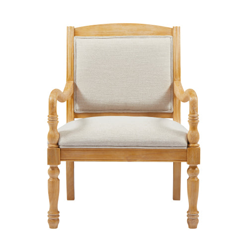 GDFStudio Eleanor Vintage Upholstered Accent Chair with Carved Wood Arms and Spindle Legs, Natural/Beige