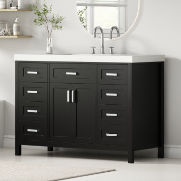 Christopher Knight Home Boyce Classic 48" Wood Bathroom Vanity with Resin Sink and Eight Soft-Close Drawers, Black