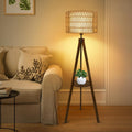 GDFStudio Charlotte Boho Wood Tripod Floor Lamp with Built-in Shelf and Double Shade, Brown