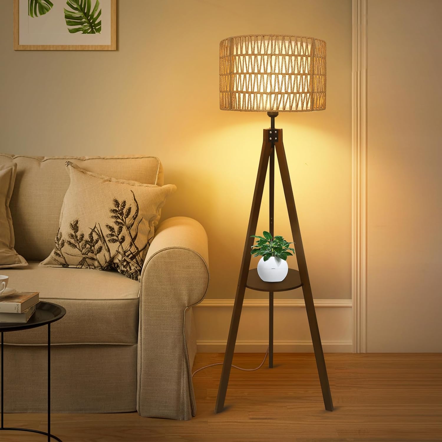 GDFStudio Charlotte Boho Wood Tripod Floor Lamp with Built-in Shelf and Double Shade, Brown