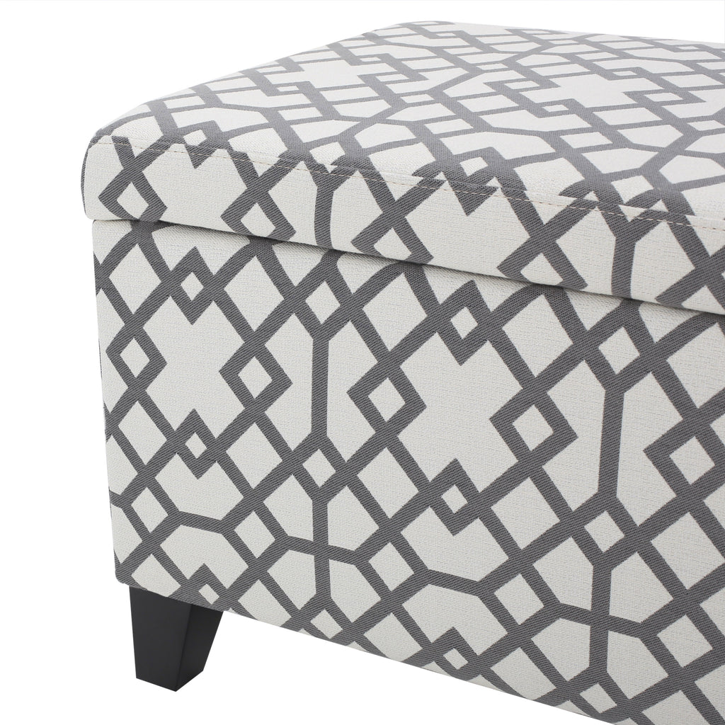 Storage Bench Ottoman with Hidden Storage & Geometric Gray-White Upholstery