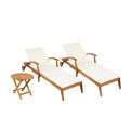 Christopher Knight Home Fred 3 Piece Outdoor Acacia Wood Adjustable Chaise Lounge and Accent Table, Teak/Cream