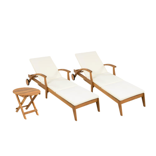 Christopher Knight Home Fred 3 Piece Outdoor Acacia Wood Adjustable Chaise Lounge and Accent Table, Teak/Cream