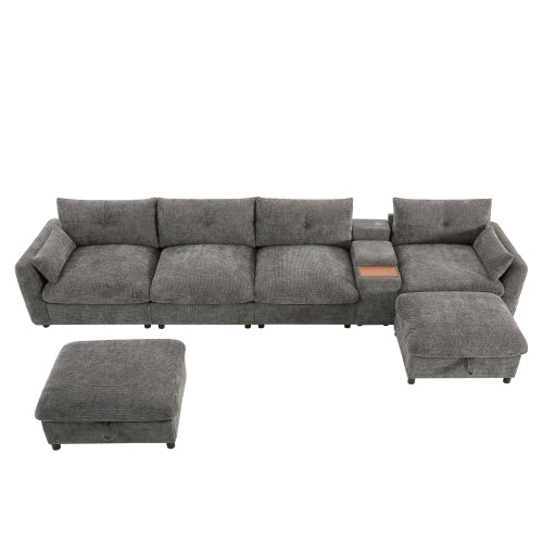 GDFStudio Parker Modern 136" Chenille U-Shaped Modular Sectional Sofa with Two Storage Ottomans and Multifunction Console, Gray