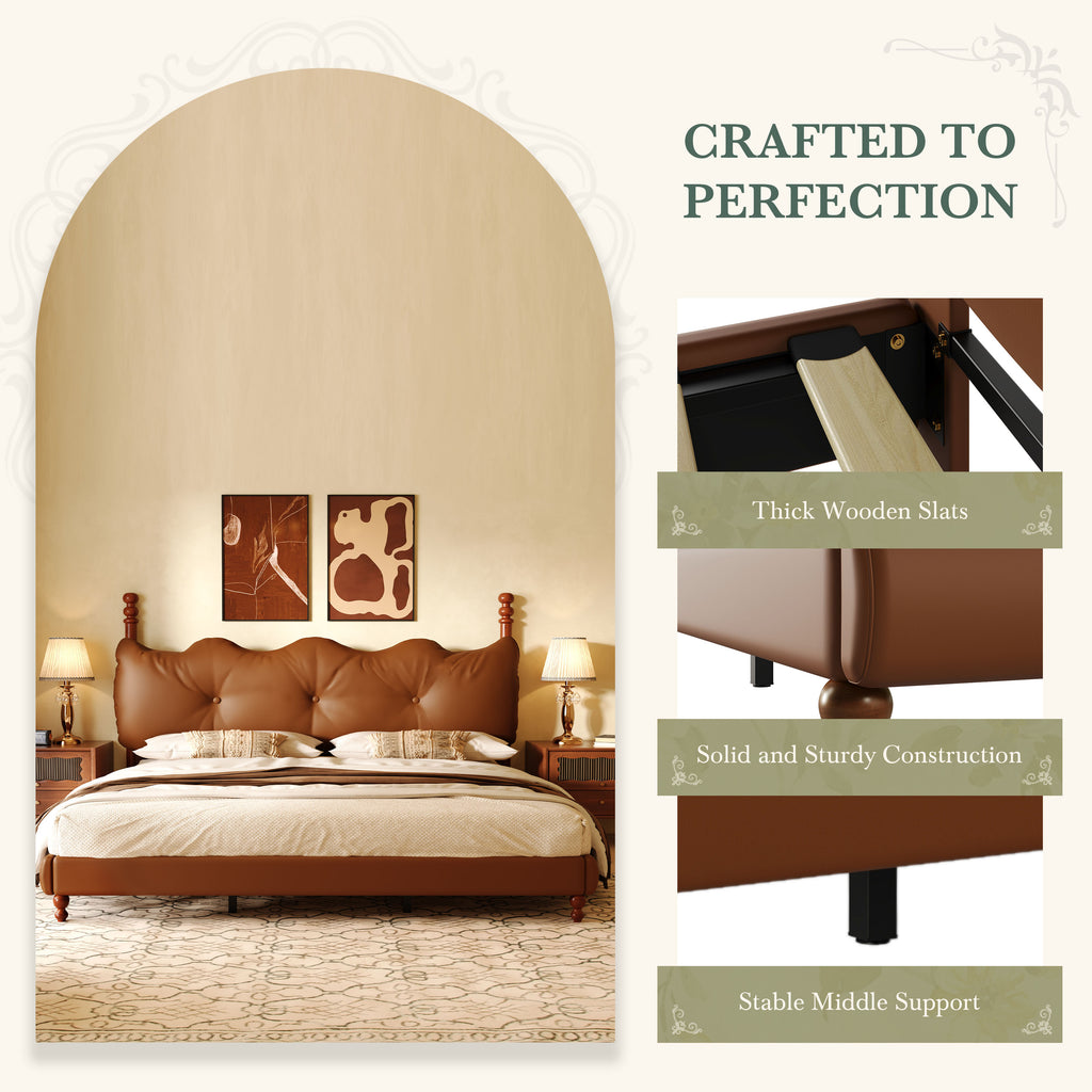 Christopher Knight Home Vintage Wood-Post Faux Leather Platform Bed with Button Headboard & Strong Support Frame