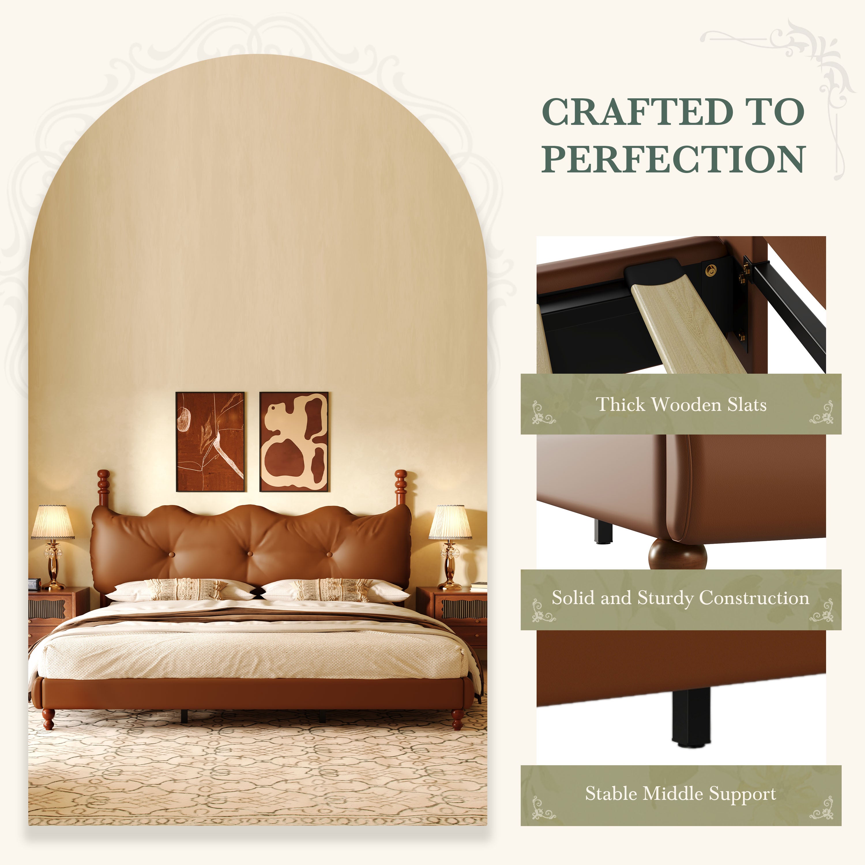Christopher Knight Home Vintage Wood-Post Faux Leather Platform Bed with Button Headboard & Strong Support Frame
