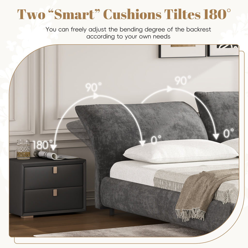 Christopher Knight Home Modern Fabric Upholstered Bed with Adjustable Cushion Headboard & Wood Slat Support