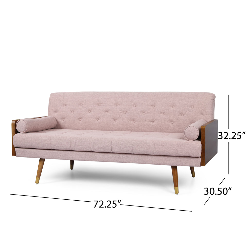 Christopher Knight Home Mid-Century Modern Tufted Fabric Sofa with Gold-Tipped Rubberwood Legs, Blush