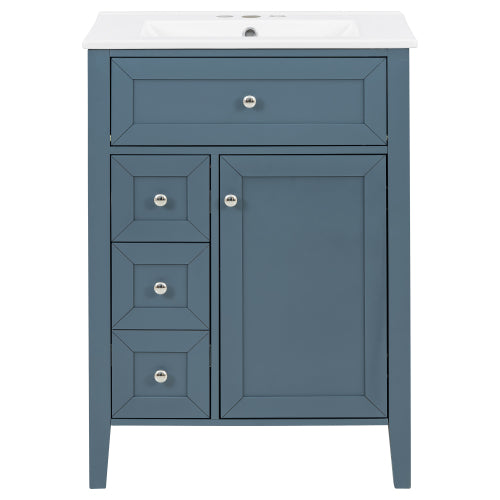 Christopher Knight Home Evelyn Modern Wood Bathroom Vanity with Ceramic Sink, Soft-Close Door & Storage Drawers, Blue Gray, 24"