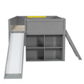Kids Low Loft Bed with Slide & Storage Shelves, All-in-One Wooden Loft Bed with Underbed Play Fort