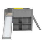 Kids Low Loft Bed with Slide & Storage Shelves, All-in-One Wooden Loft Bed with Underbed Play Fort
