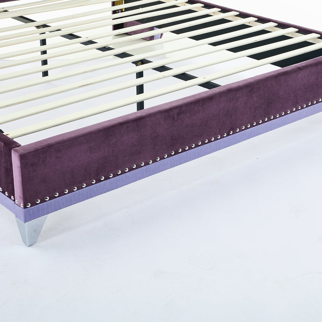 Christopher Knight Home Modern Velvet Wingback Tufted Platform Bed with Nailhead Trim and Silver Legs