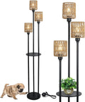 GDFStudio Bach Metal Floor Lamp with 3-Shade and Shelf, Rattan Brown Shade