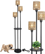 GDFStudio Bach Metal Floor Lamp with 3-Shade and Shelf, Rattan Brown Shade