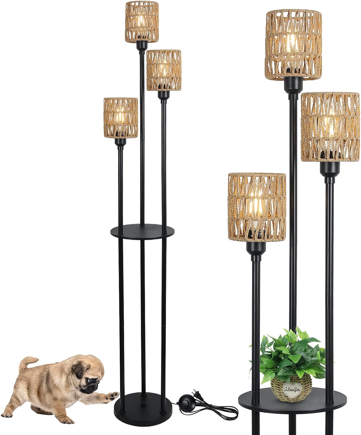 GDFStudio Bach Metal Floor Lamp with 3-Shade and Shelf, Rattan Brown Shade
