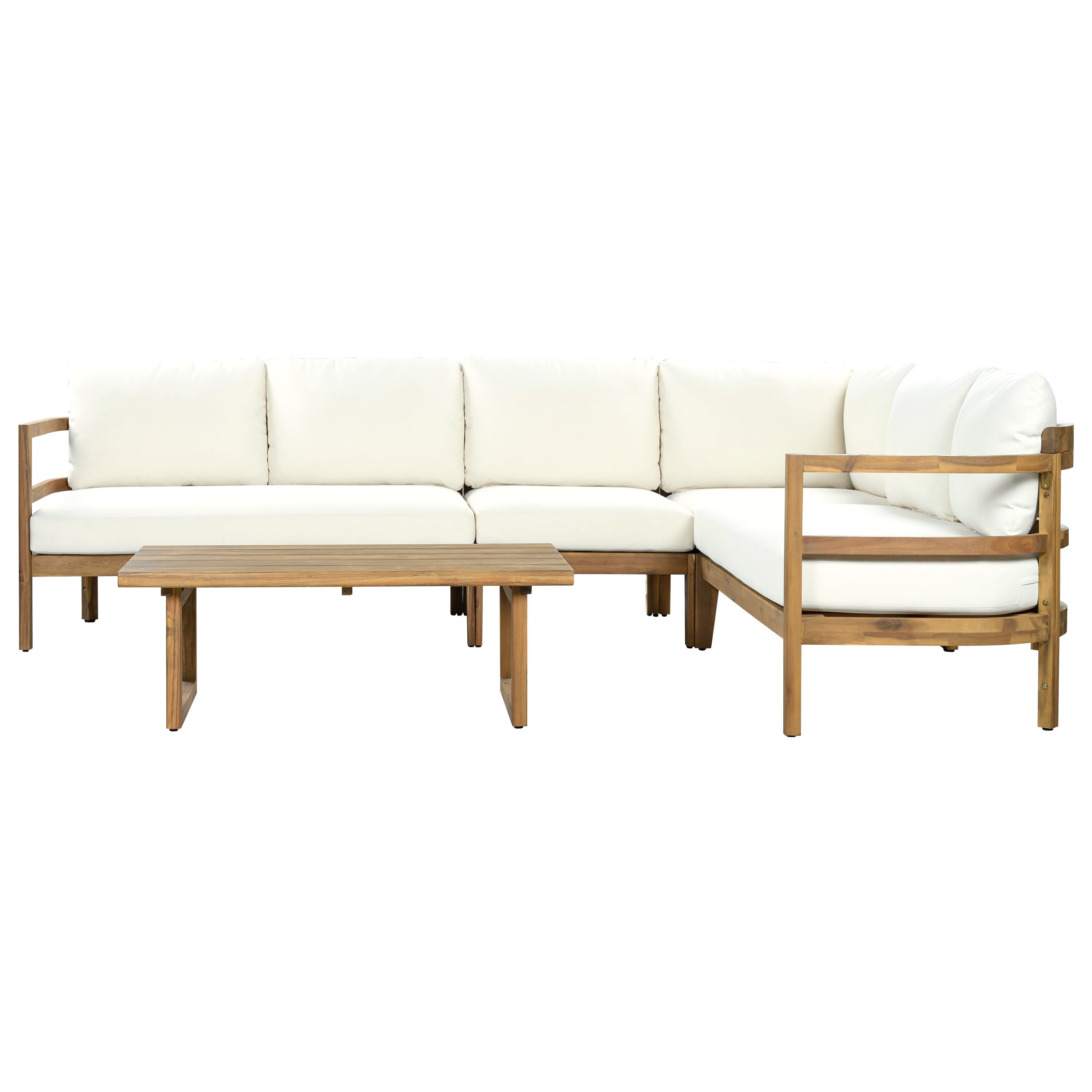 Christopher Knight Home Epiona Farmhouse Outdoor Acacia Wood 5-Seater Sectional Sofa Set with Water-Resistant Cushions, Beige/Light Brown