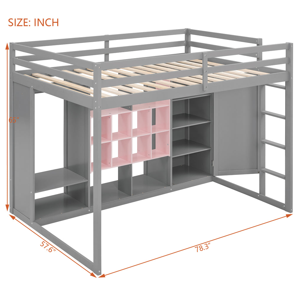Wooden Loft Bed with Wardrobe & Colorful Storage Shelves, Space-Saving Teen Loft Bed with Reversible Stairs