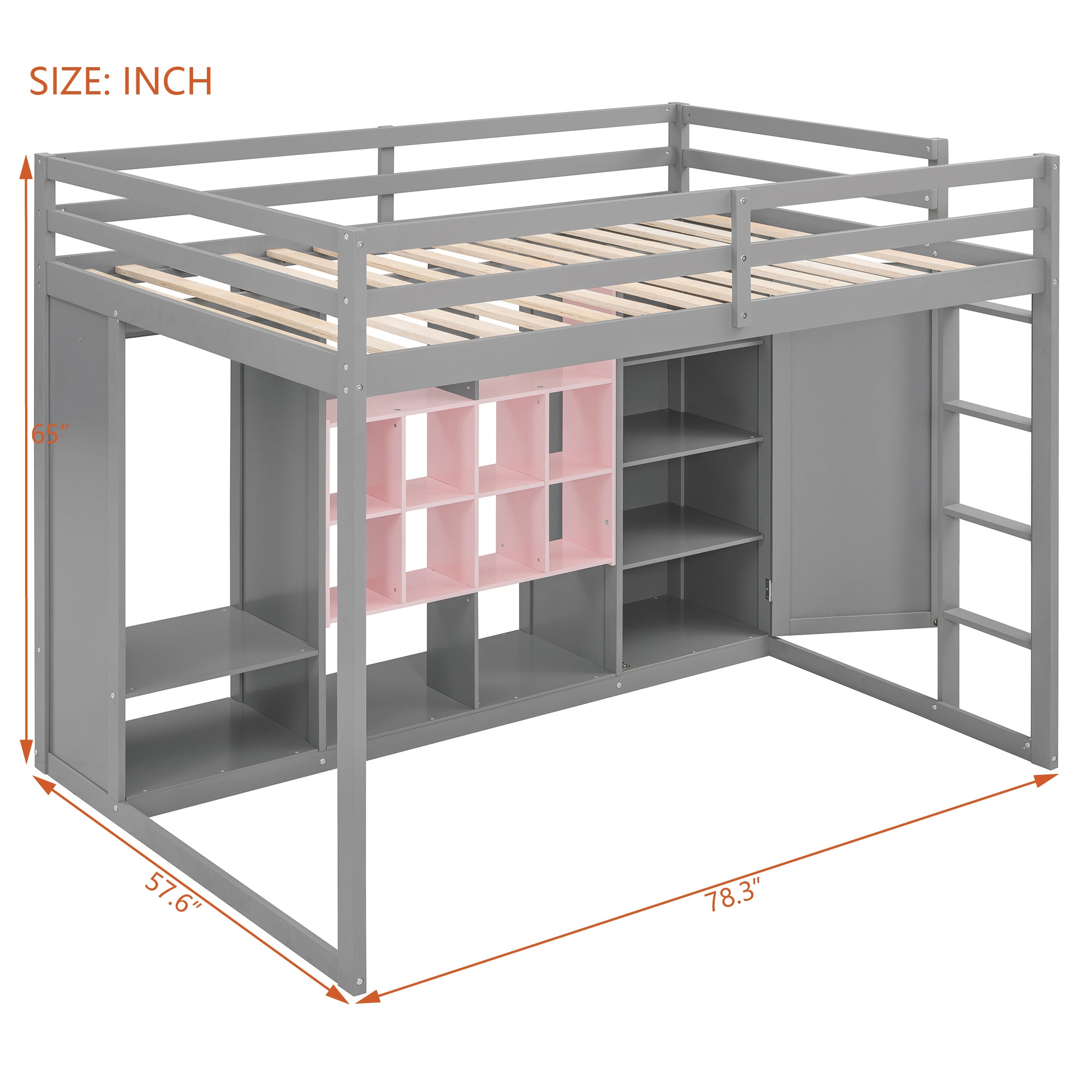 Wooden Loft Bed with Wardrobe & Colorful Storage Shelves, Space-Saving Teen Loft Bed with Reversible Stairs