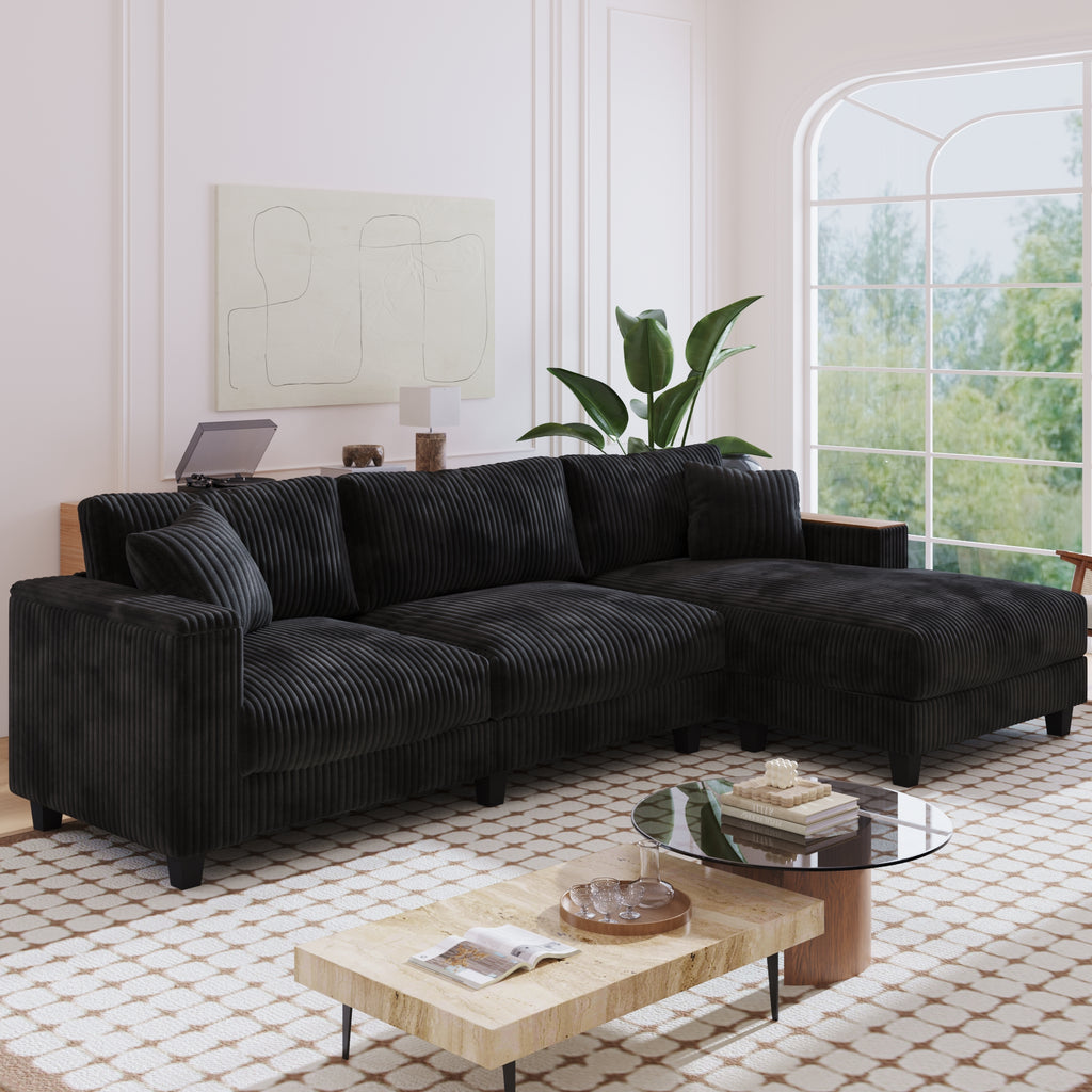 GDFStudio Congreve Corduroy 114" L-Sectional Sofa with Storage Armrests, Black