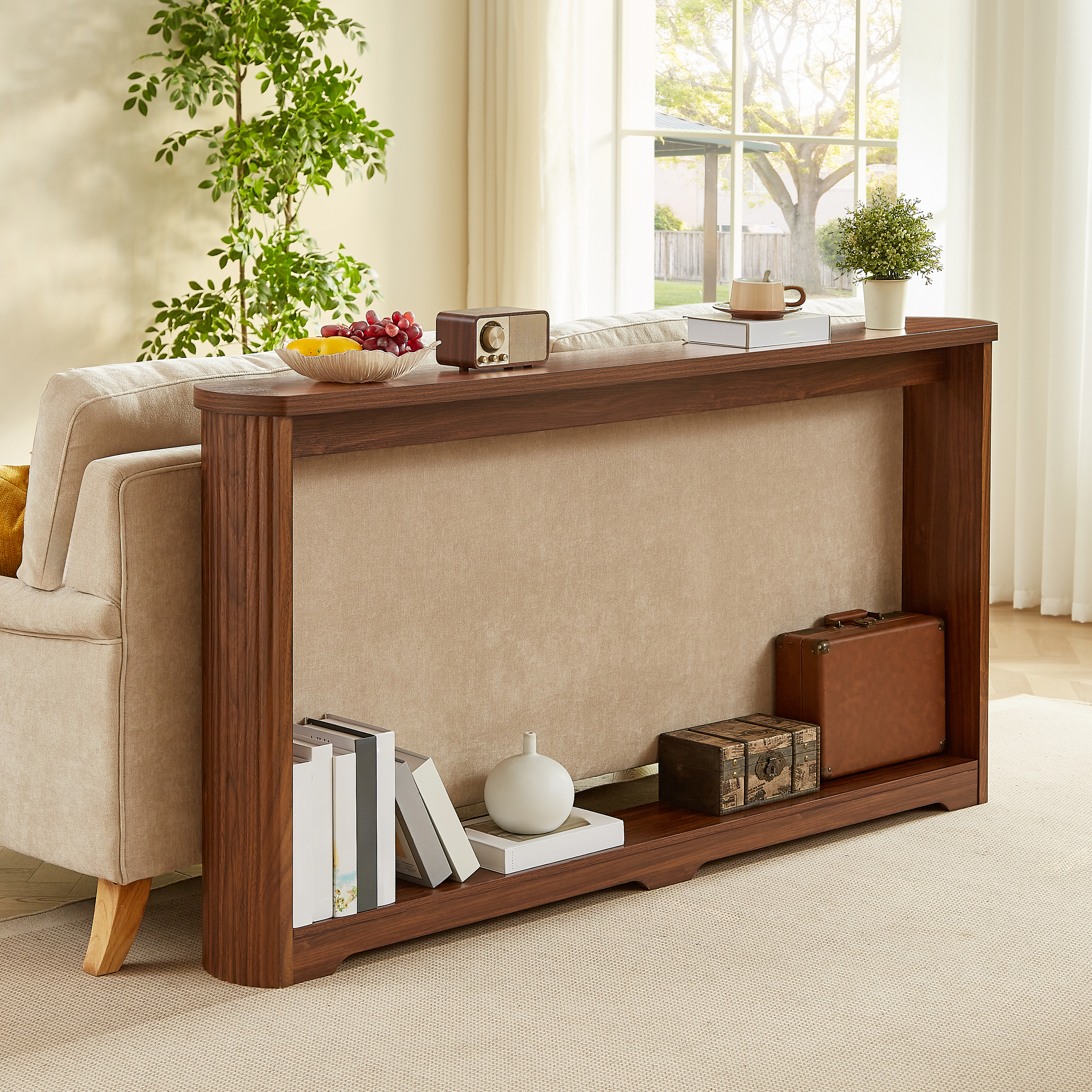 GDFStudio Raze Modern 70" Wooden Narrow Console Table with 2 Tier Storage, Walnut