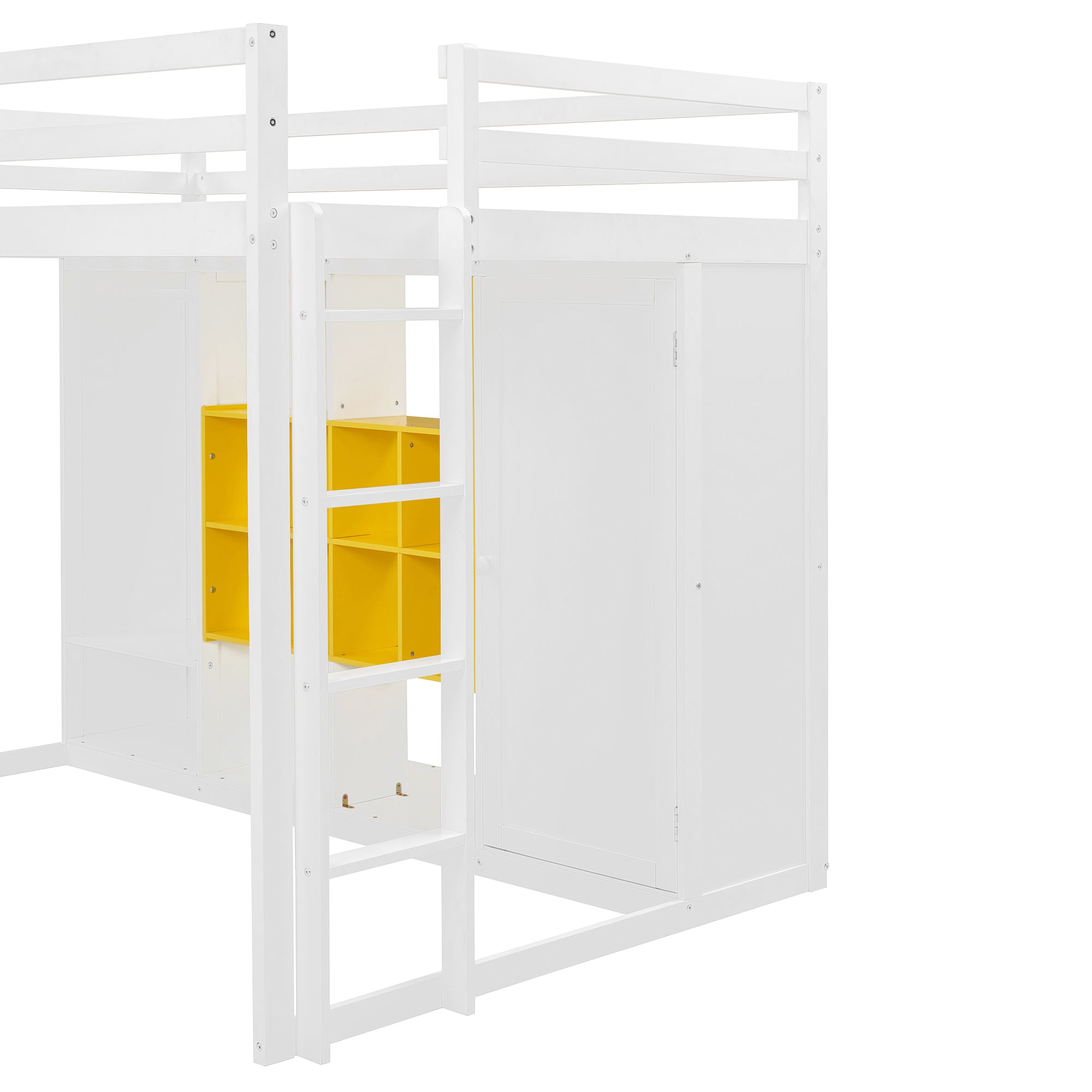 Wooden Loft Bed with Wardrobe & Colorful Storage Shelves, Space-Saving Teen Loft Bed with Reversible Stairs