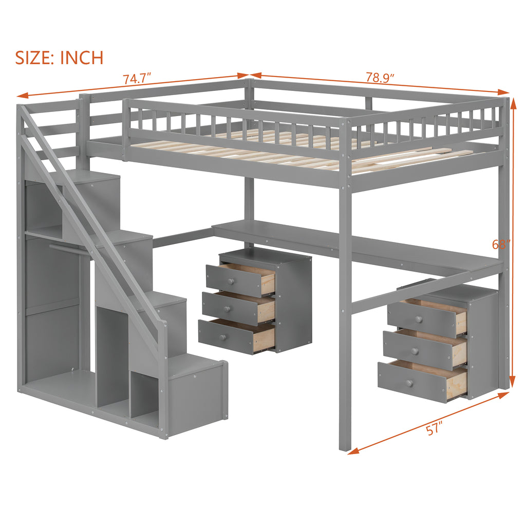 Bunk Bed with Stairs, Desk & LED Lights, Space-Saving Storage Bunk Bed with Drawers for Kids & Teens
