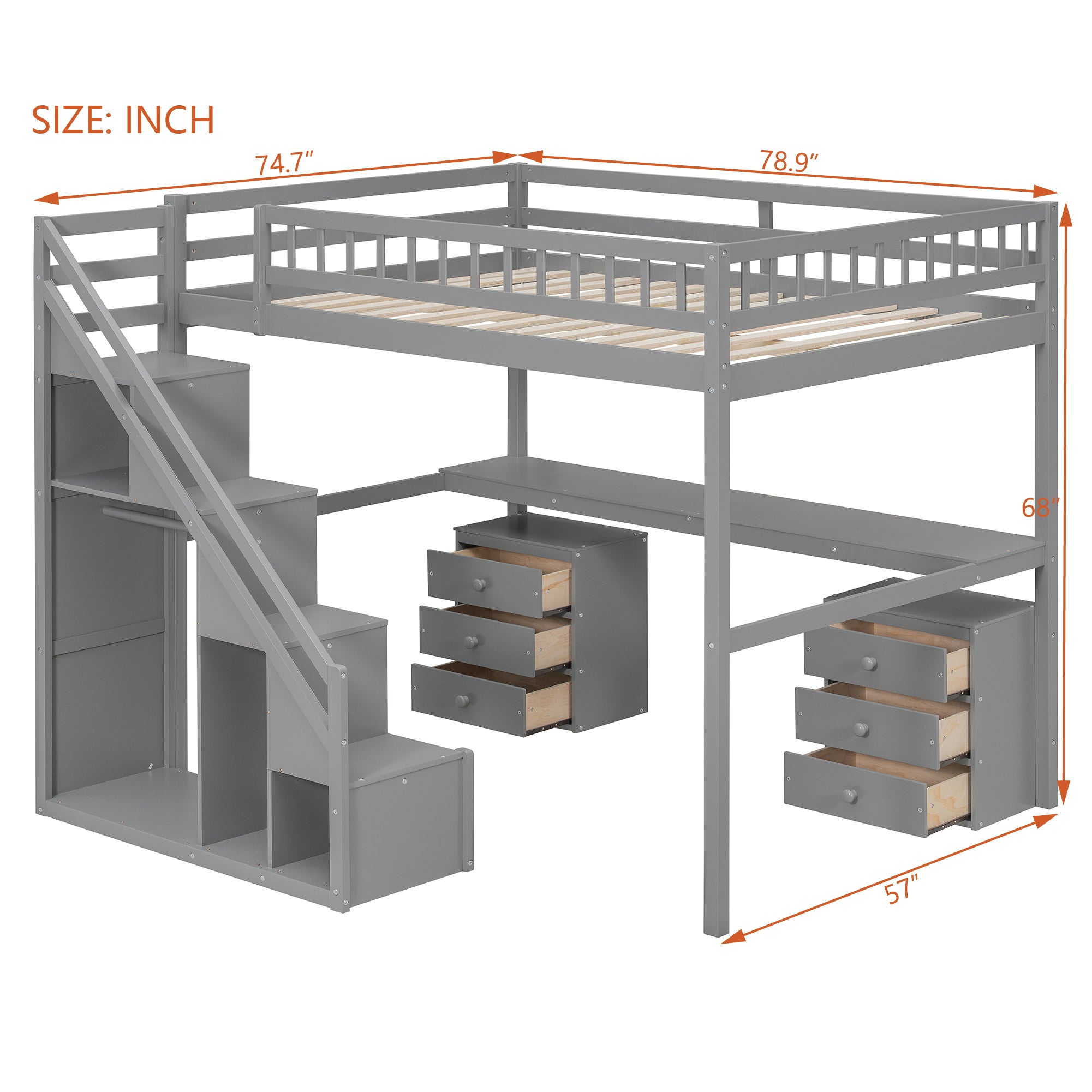 Bunk Bed with Stairs, Desk & LED Lights, Space-Saving Storage Bunk Bed with Drawers for Kids & Teens