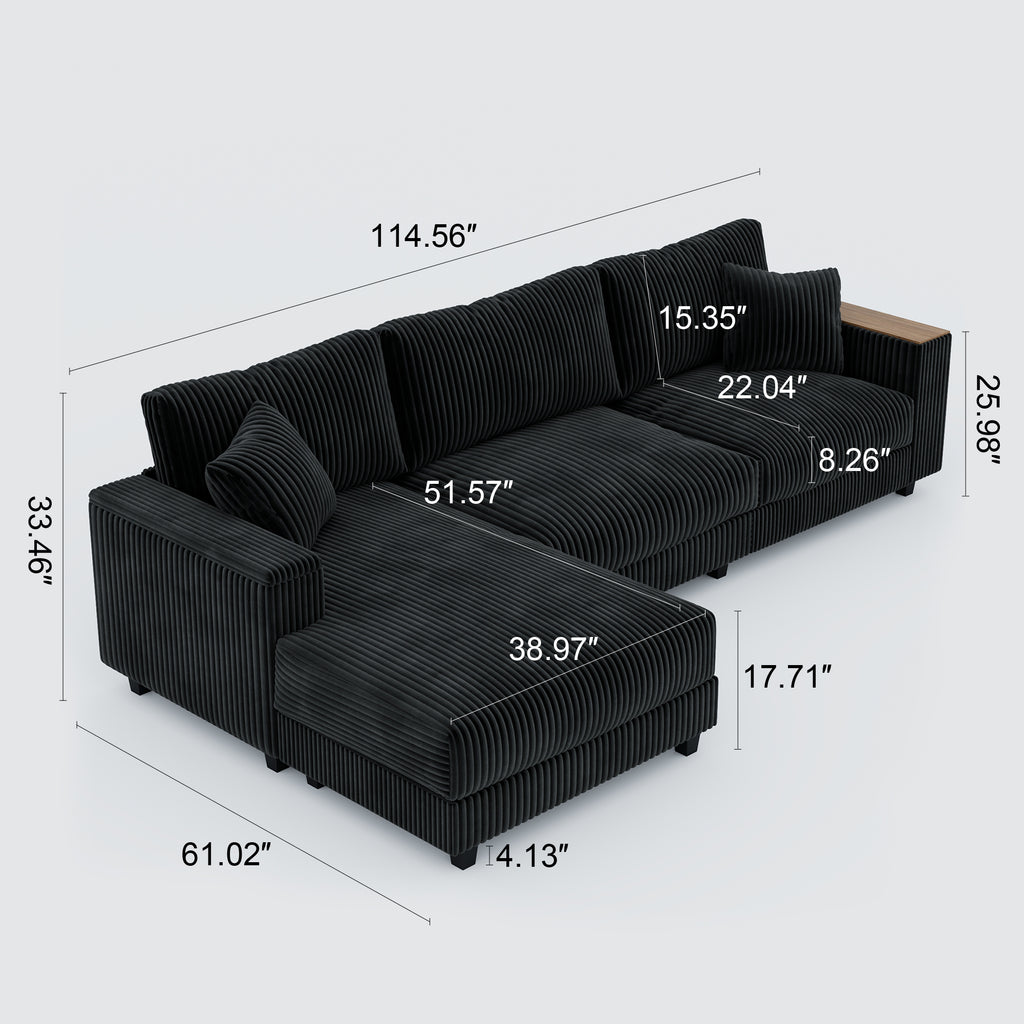 GDFStudio Congreve Corduroy 114" L-Sectional Sofa with Storage Armrests, Black