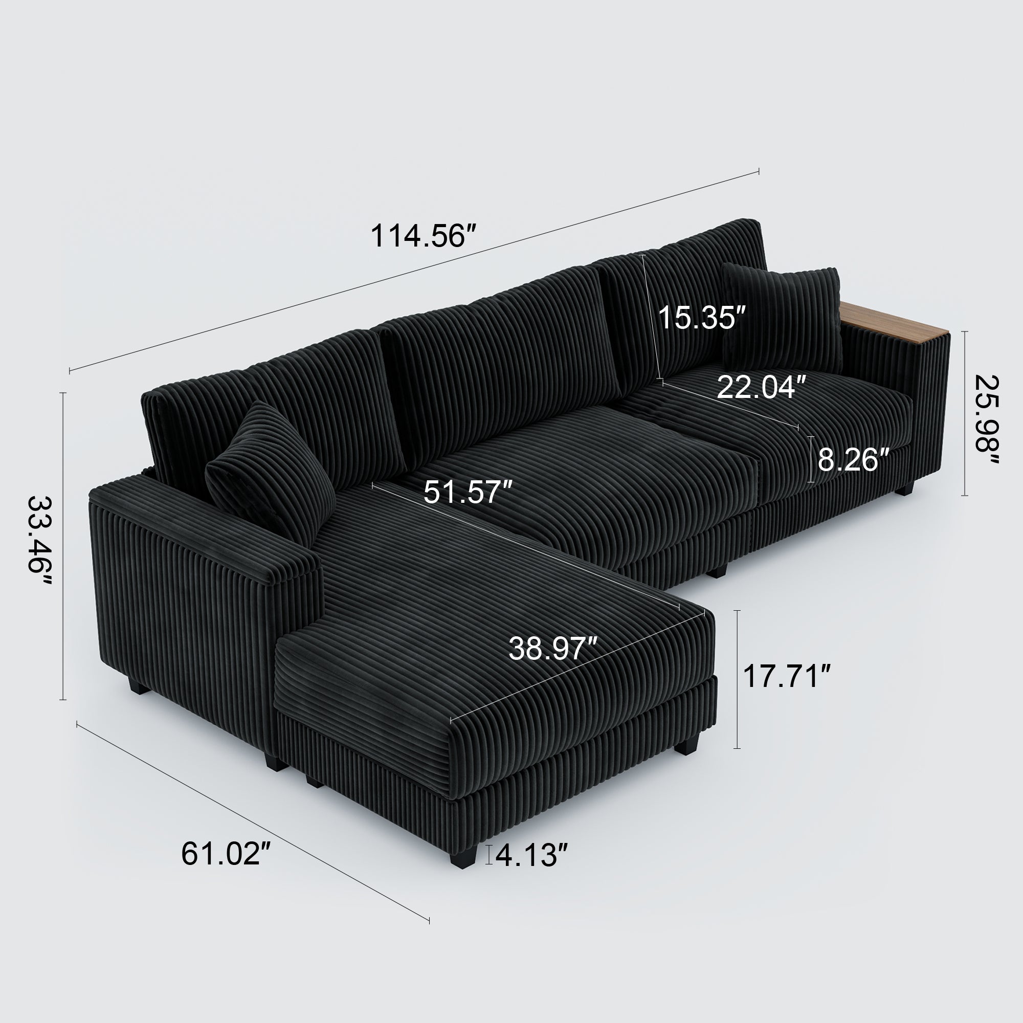 GDFStudio Congreve Corduroy 114" L-Sectional Sofa with Storage Armrests, Black