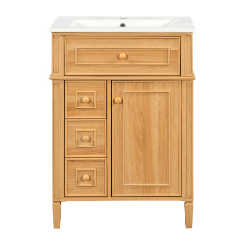 GDFStudio Bevis Modern Wood 24 Inch Bathroom Vanity with Ceramic Sink and Drawers, Wood