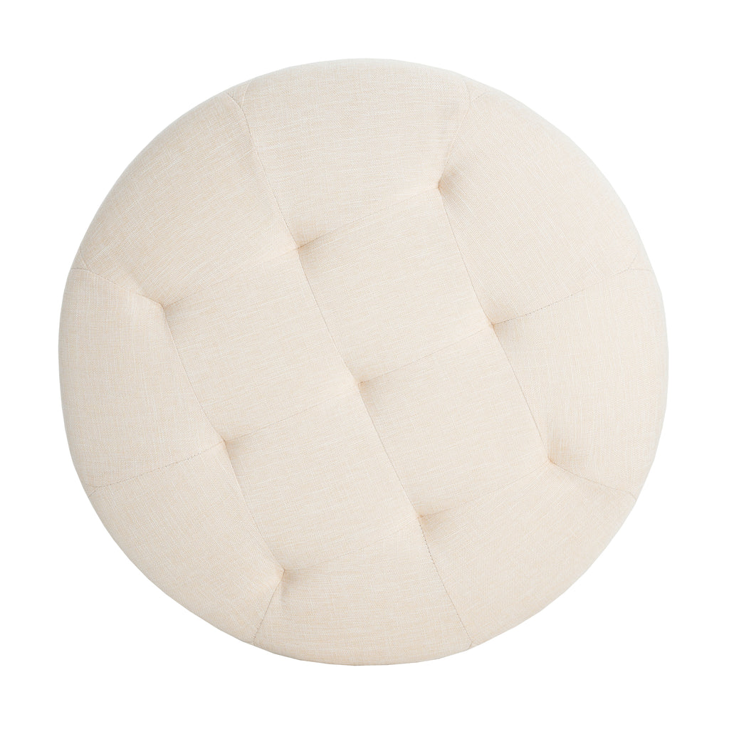 Christopher Knight Home Round Linen Ottoman with Button Tufted Design & Birch Wood Legs – Versatile Footstool and Extra Seating
