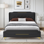 Christopher Knight Home Modern Faux Leather Platform Bed with Gold Metal Accents & Sturdy Wood-Metal Frame