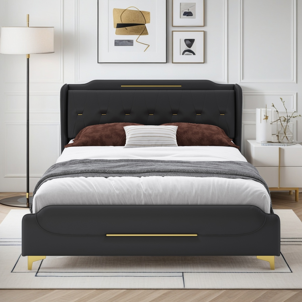 Christopher Knight Home Modern Faux Leather Platform Bed with Gold Metal Accents & Sturdy Wood-Metal Frame