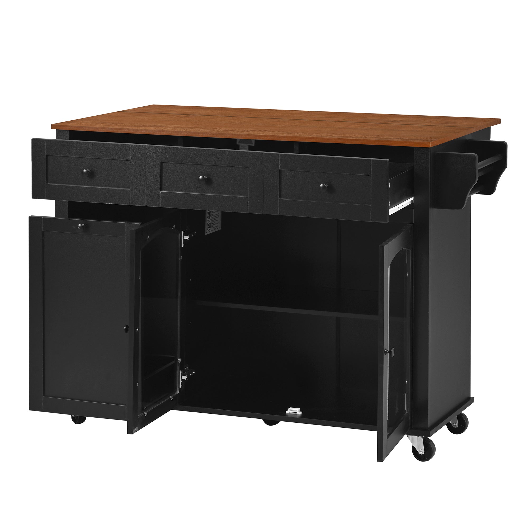 Christopher Knight Home Merope Farmhouse Rolling Kitchen Island with 2 Glass Doors, 1 Trash Bin and 3 Drawers, Black