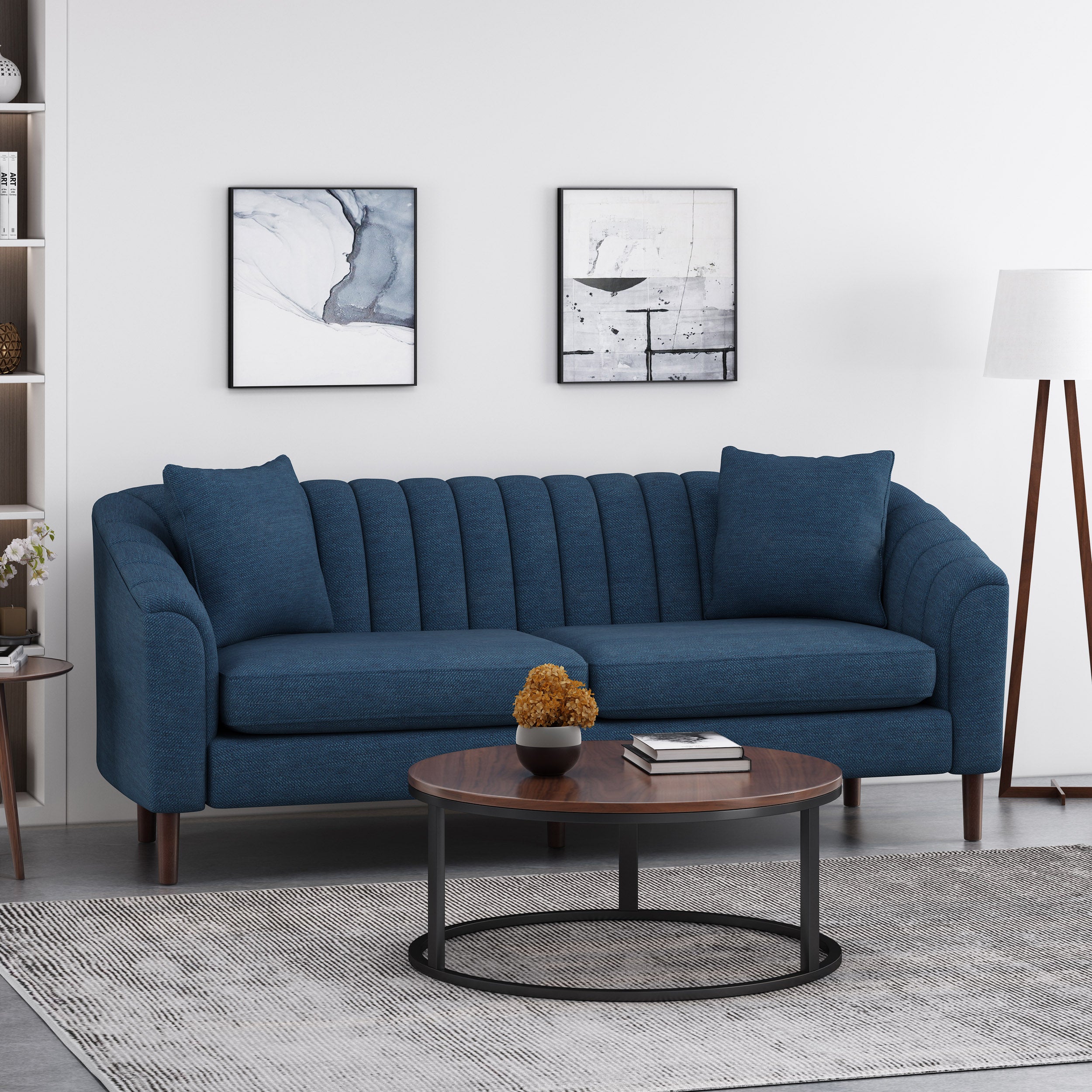 Contemporary Upholstered 3-Seater Sofa with Channel Stitching & Accent Pillows