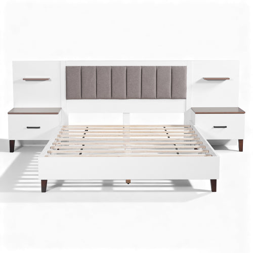 Christopher Knight Home Ali Modern Platform Bed with Extended Headboard, Two Nightstands and Shelves, Brown/White, Queen
