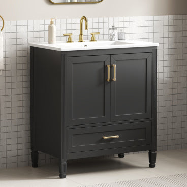 Christopher Knight Home Eleanor Modern 30" Fluted Wood Bathroom Vanity with Ceramic Sink, Soft-Close Doors & Drawer, Black