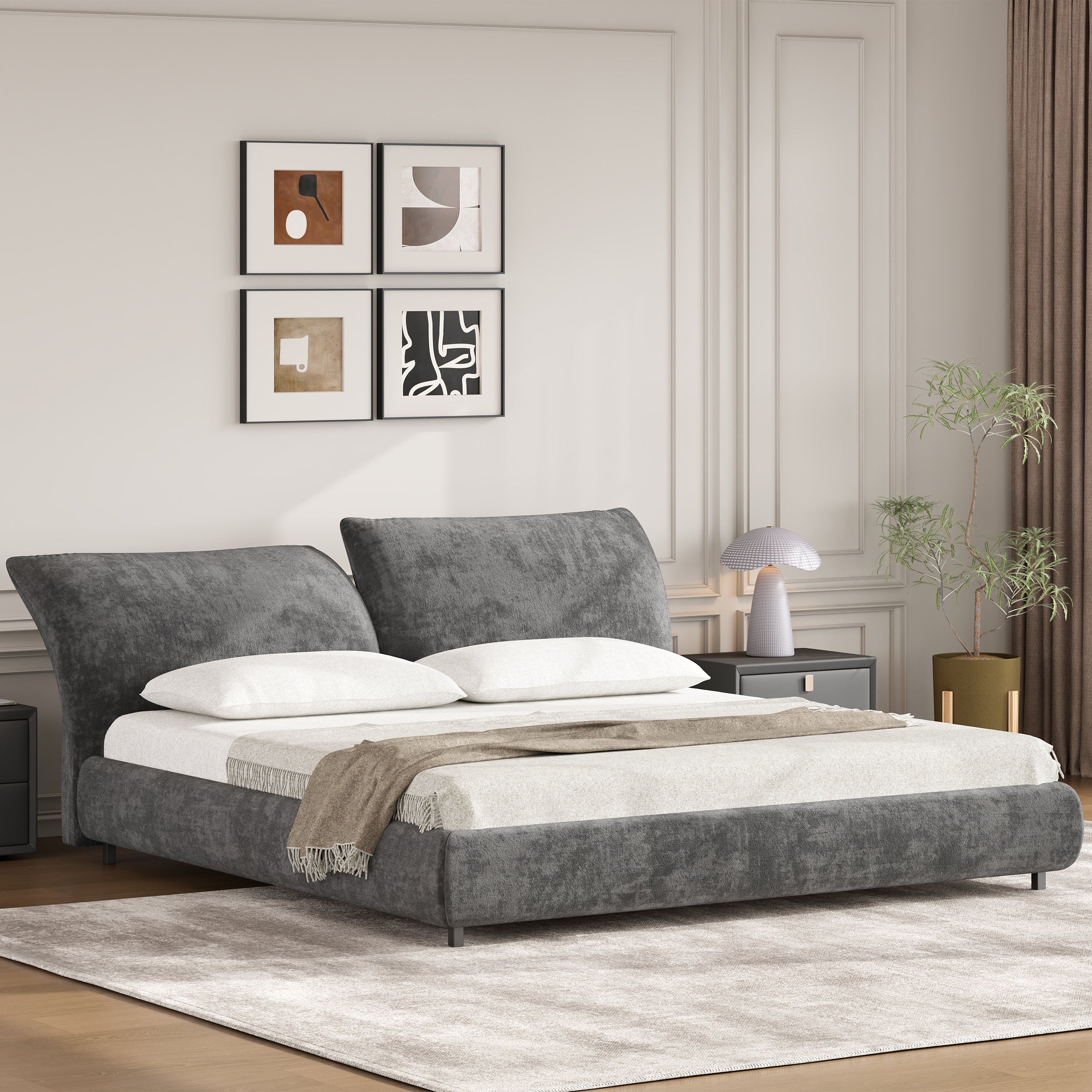 Christopher Knight Home Modern Fabric Upholstered Bed with Adjustable Cushion Headboard & Wood Slat Support