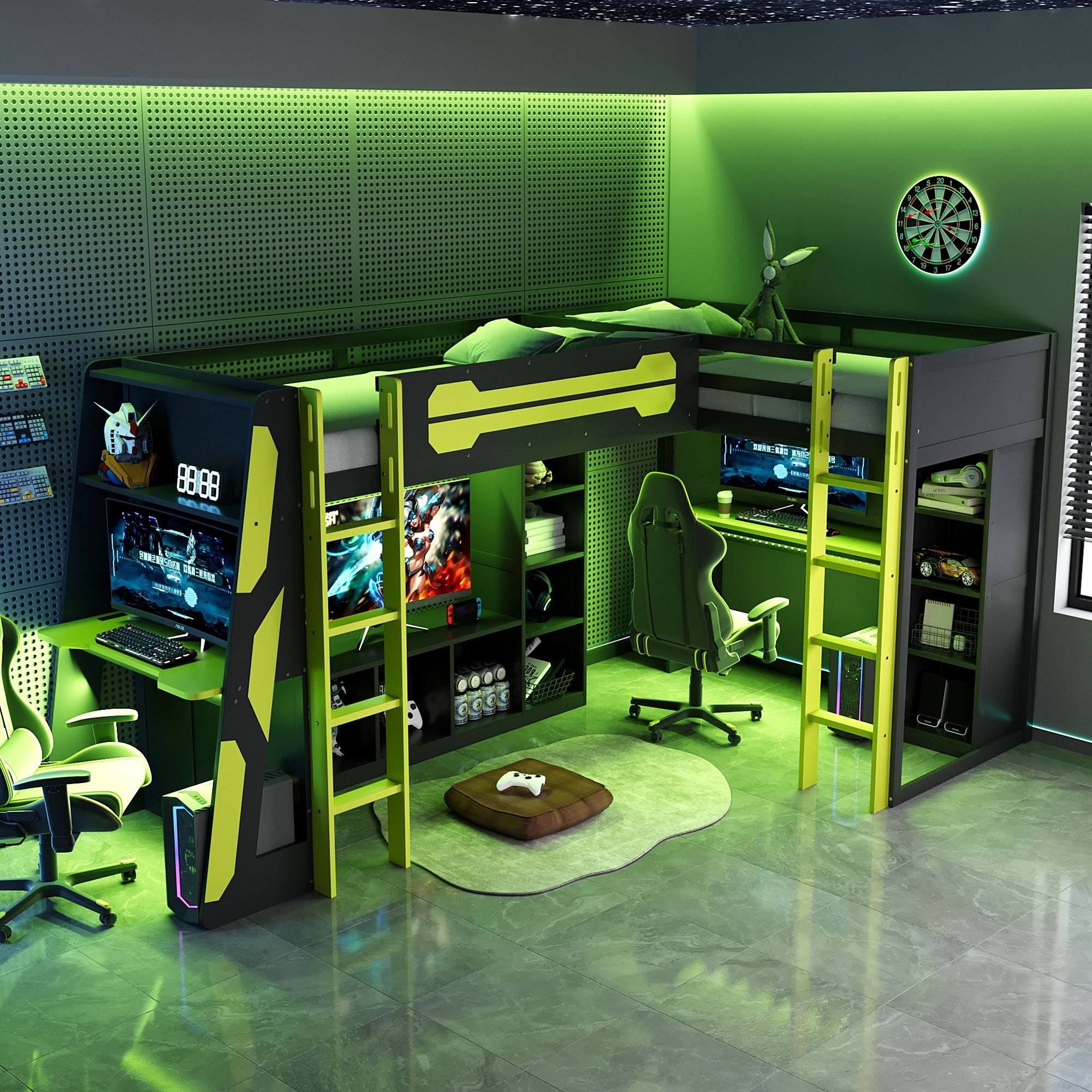 L-Shaped Twin Bunk Bed with LED Lights, USB Ports, TV Stand & Storage Shelves, Solid Wood Gaming Bed Frame