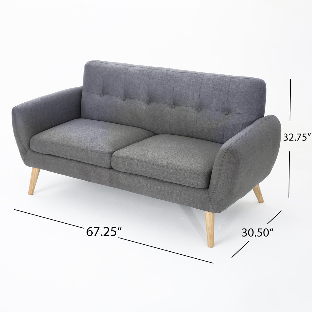 Mid-Century Modern Loveseat with Button-Tufted Waffle Stitch & Tapered Wood Legs ¨C Compact Small-Space Sofa