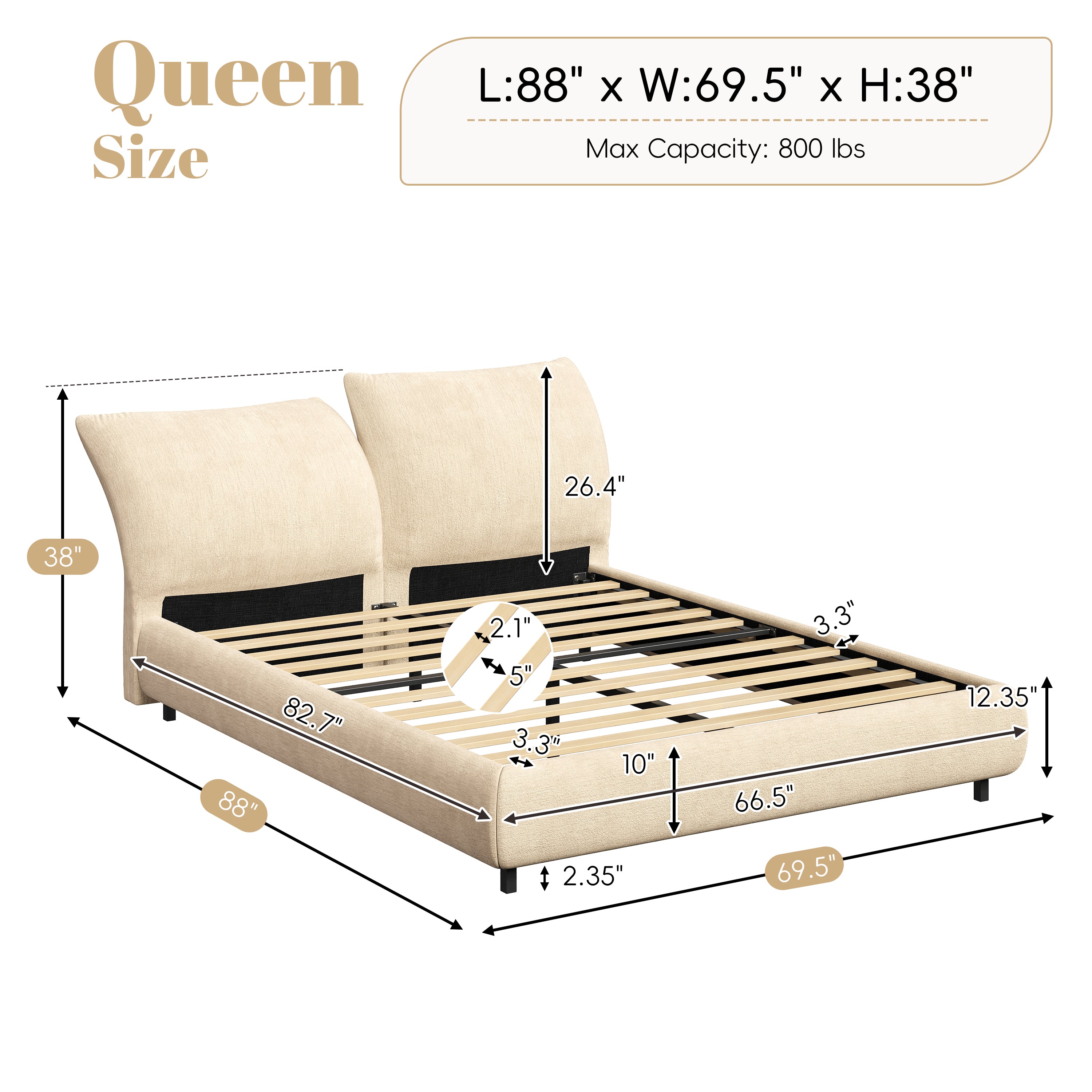 Christopher Knight Home Modern Fabric Upholstered Bed with Adjustable Cushion Headboard & Wood Slat Support