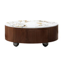 GDFStudio Cherry 35.4  Round Faux Marble Coffee Table with Two-Drawer, Brown/White
