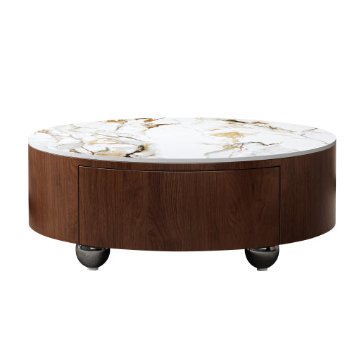 GDFStudio Cherry 35.4  Round Faux Marble Coffee Table with Two-Drawer, Brown/White