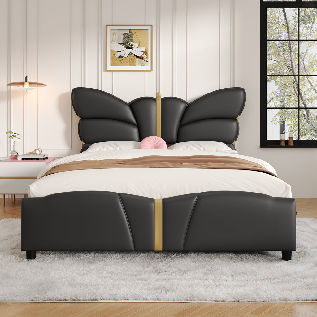 Christopher Knight Home Butterfly-Headboard PU Leather Platform Bed with Wood Slats & Metal Accents